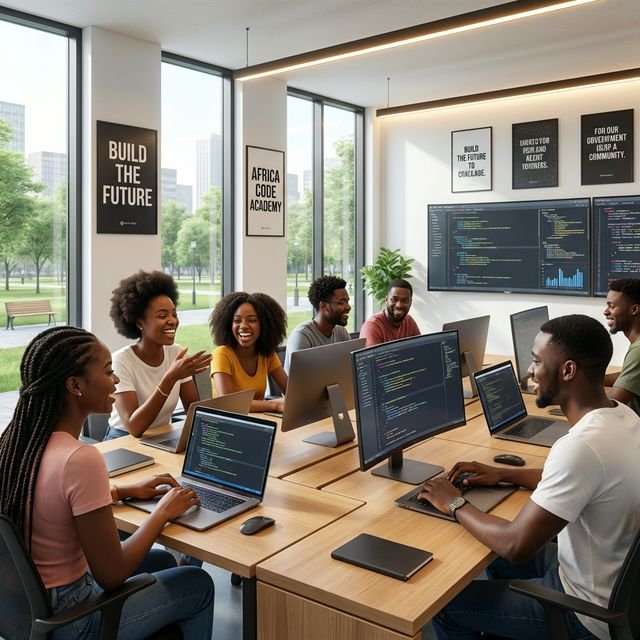 A bright, modern coding bootcamp classroom with diverse African students