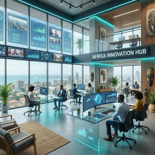 A sophisticated tech workspace with glass walls and data analytics